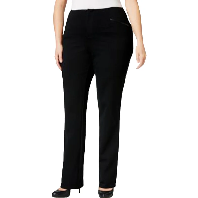 INC Black Faux Leather Trim Straight Leg Pants Plus Size High-Waist Yoga Pants