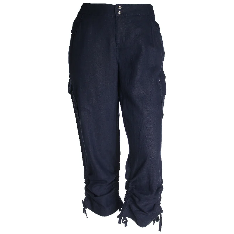 INC Blue Ruched Leg Embellished Linen Cargo Pants Plus Size Classic Flared Pants