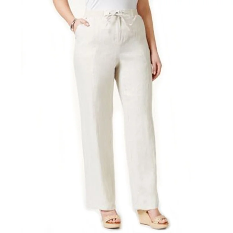 JM Collection Beige Drawstring Waist Linen Pants Plus Size Stylish Slim Trousers