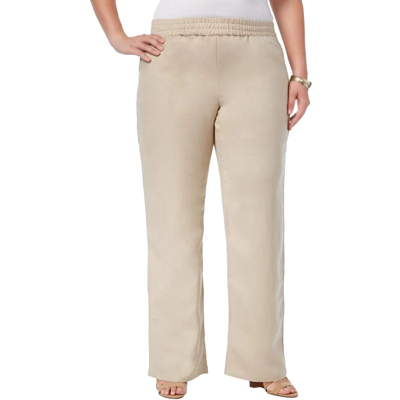 JM Collection Beige Pull on Linen Blend Pants Plus Size Slim Fit Casual Pants