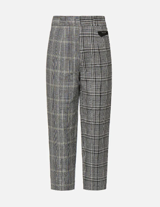 Leather Badge Mixed Plaid Pants Comfortable Pleated Pants