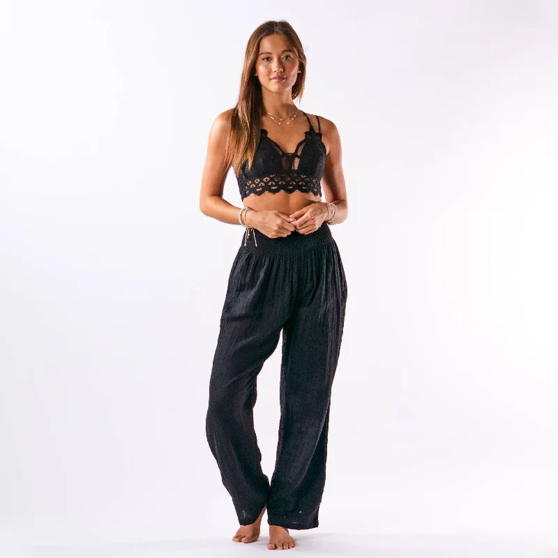 Lotus and Luna - Black Wide Leg Cotton Pants Formal Linen Trousers