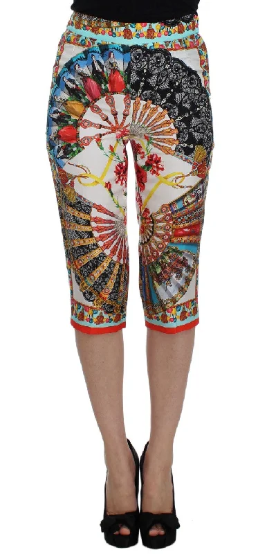 Multicolor Majolica Silk Capri Pants Comfy High-Waist Jeans