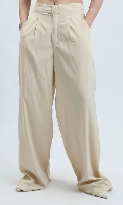 O187852 Solid Wide Leg Beige Casual Pants High-Waist Jeans