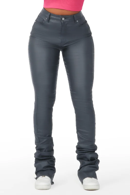 Pay Attention Dark Grey PU Super Stacked Flare Pant Chic Slim Fit Pants