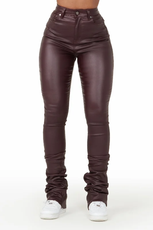 Pay Attention Wine PU Super Stacked Flare Pant Relaxed Fit Trousers