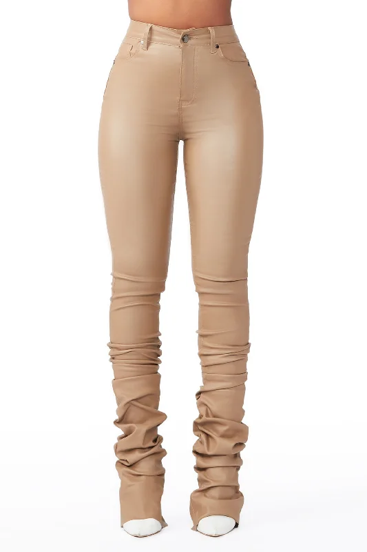 She's A Star Khaki PU Super Stacked Pant Elegant Wool Trousers