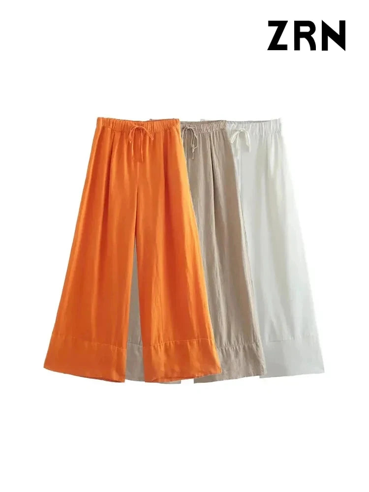 Women Fashion Side Pockets Linen Wide Leg Pants Lightweight Jogger Pants
