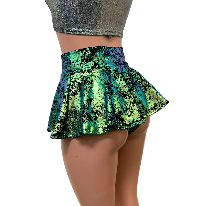 10" Mini Rave Skirt - Green on Black Gilded Velvet Skater Skirt high slit skirt