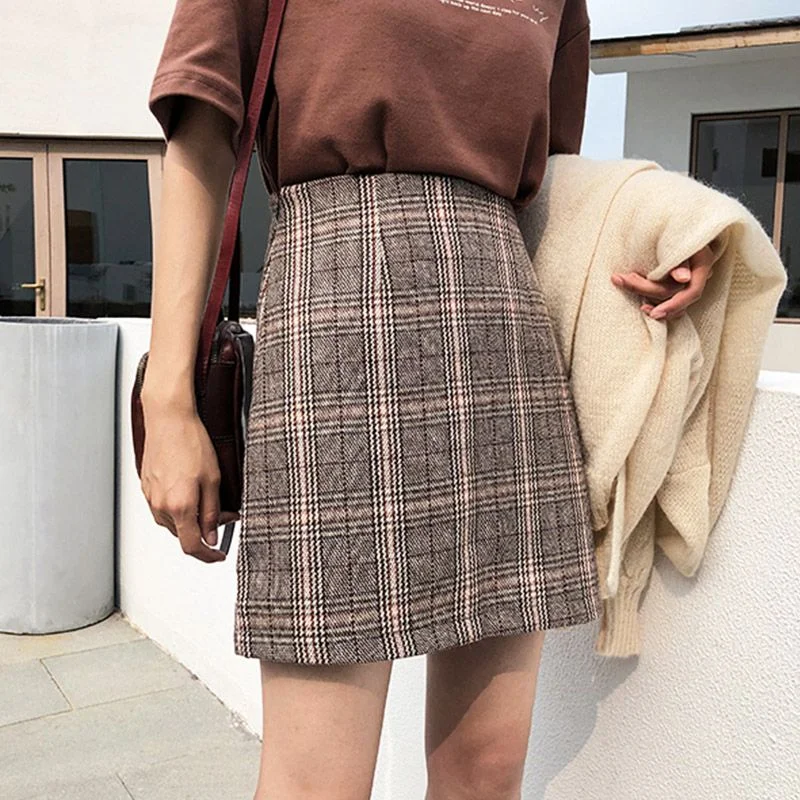 2020 Casual Skirt Women's High Waist Straight Plaid Skirt Woolen Short Skirt silk skirt smooth