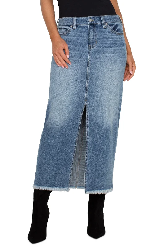 5-POCKET FRONT SLIT MAXI SKIRT denim skirt casual