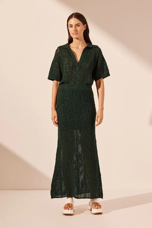 ARLO MAXI SKIRT - DEEP FOREST ruffled skirt detail