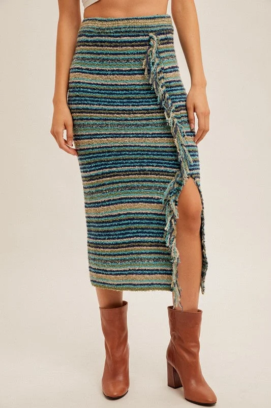 Aurelia Striped Knit Fringe Skirt elastic waist skirt