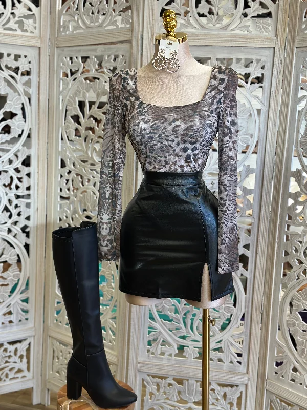 Black Faux Leather High Rise Skirt- Estira, Stretchy wool skirt thick
