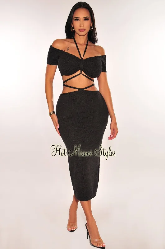 Black Ribbed Knit Halter Off Shoulder Wrap Around Slit Skirt Two Piece Set a-line skirt cut