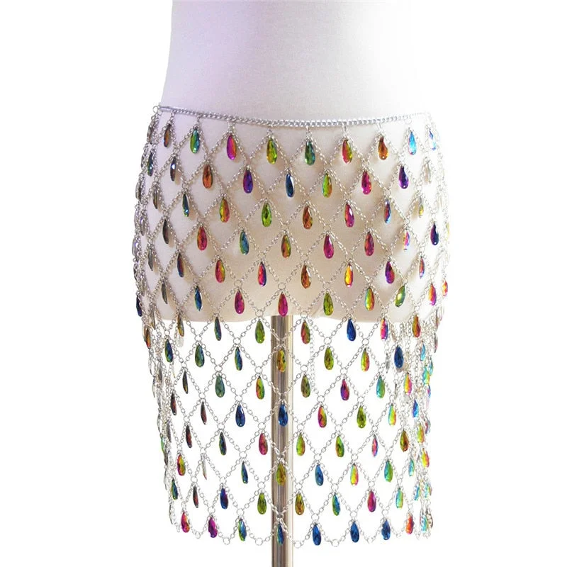 Bling Diamonds Hollow Out Mini Skirts Women Sexy See Through Link Chains Raindrop Rhinestones Skirt Rave Festival Party Clubwear lace skirt romantic