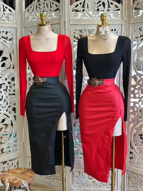 Cheetah Belt High Slit Midi Skirt-Estira, Stretchy wrap skirt elegant