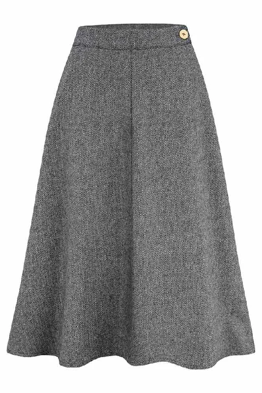 Classic 1940s Style A-Line Skirt in Grey Herringbone high slit skirt