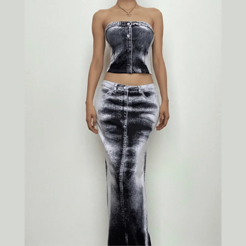 Contrast denim print slit backless tube maxi skirt set chiffon skirt flowing