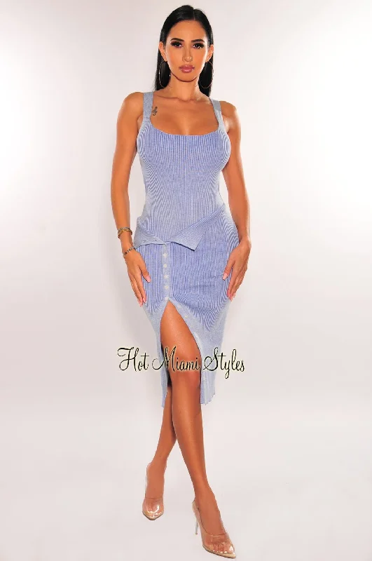 Dusty Blue Ribbed Cut Out Bodysuit Layover Button Up Skirt Two Piece Set denim skirt durable