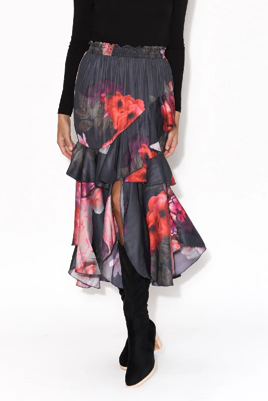 Enough Navy Floral Ruffle Skirt velvet skirt plush