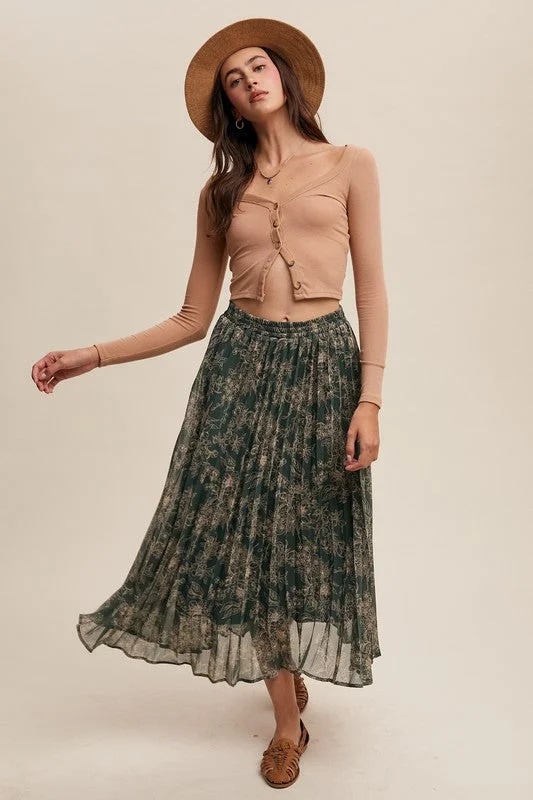 FLORAL PRINT PLEATED SKIRT denim skirt stylish