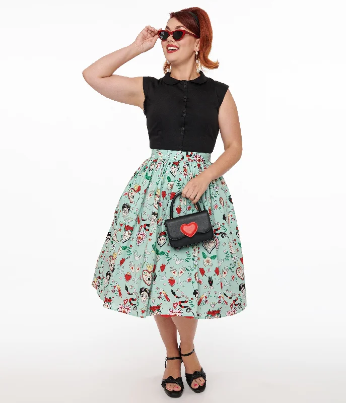 Hell Bunny 1950s Mint Green Tijuana Print Cotton Swing Skirt wrap skirt elegant