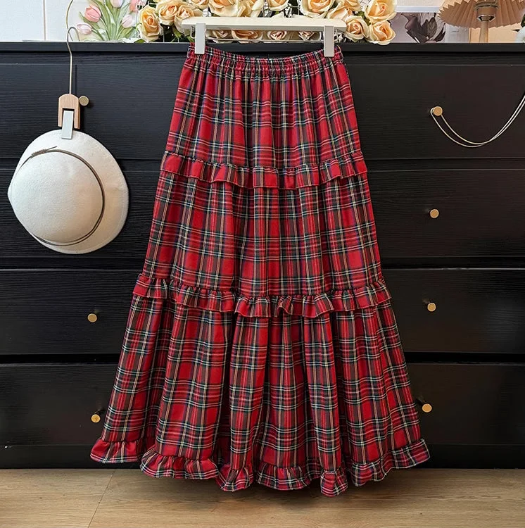 Holiday Plaid Tiered Midi Skirt (3 Colors) silk skirt luxurious