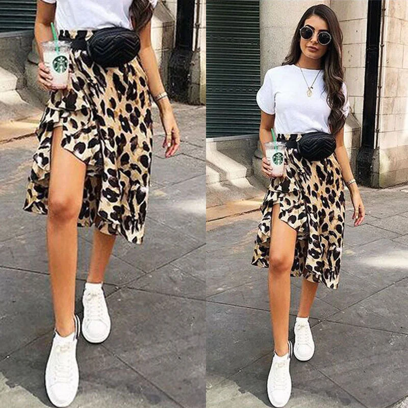Hot Fashion Leopard Print High Waist Skirt silk skirt lustrous