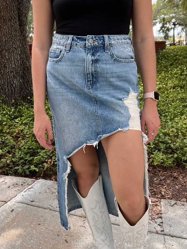 JAGGER DISTRESSED MAXI SKIRT IN DENIM velvet skirt plush