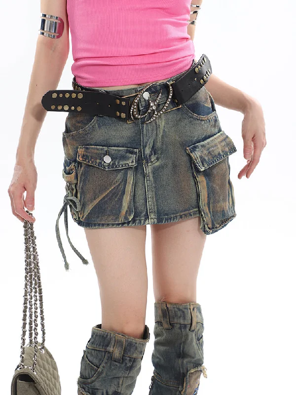 Jimie Denim Green Three-Dimensional Multi-Pocket High Waist Mini Skirt linen skirt natural