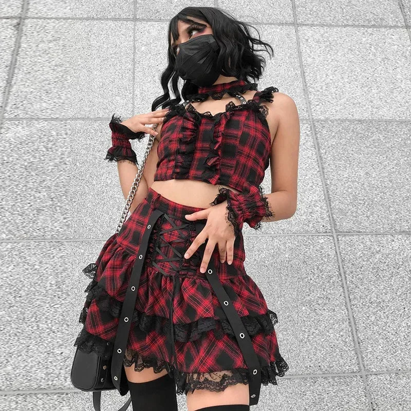Harajuku Plaid Gothic Girl High Waist Plaided Mini Sets Japanese Fashion Streetwear Skirt low waist skirt