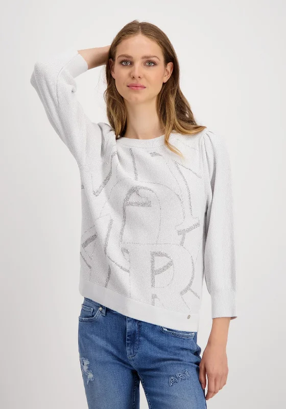 Monari Rhinestone Letters Knitted Sweater, Gray Glossy Satin Silk