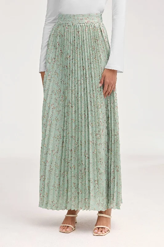 Pleated Floral Maxi Skirt - Sage ribbed skirt waist