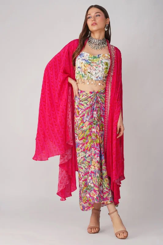 Rani pink multi leaf printed drape skirt set midi skirt versatile