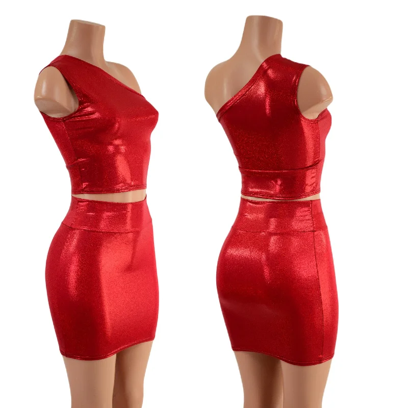 Red Sparkly One Shoulder Crop Top & Bodycon Skirt Set pencil skirt chic
