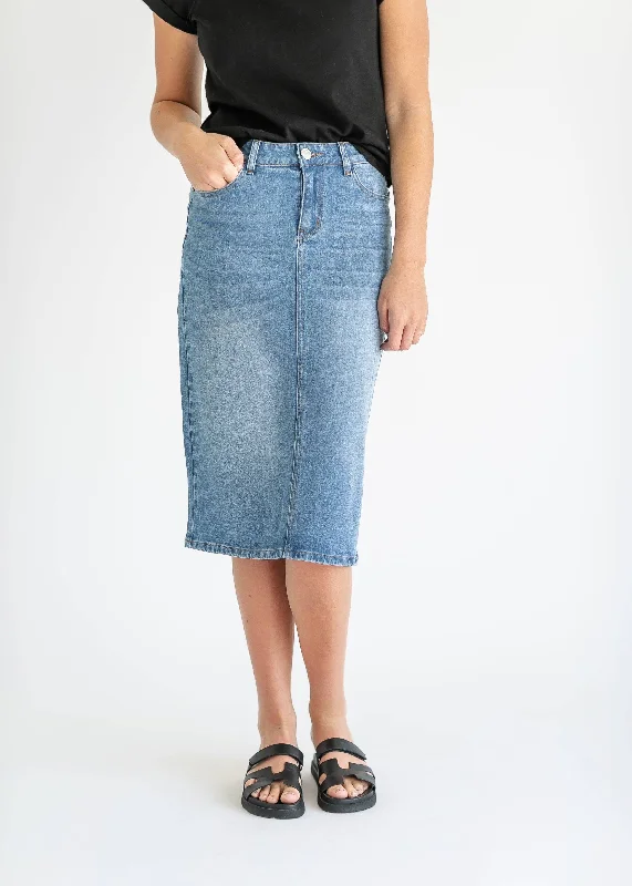 Remi Light Wash Denim Midi Skirt button skirt front