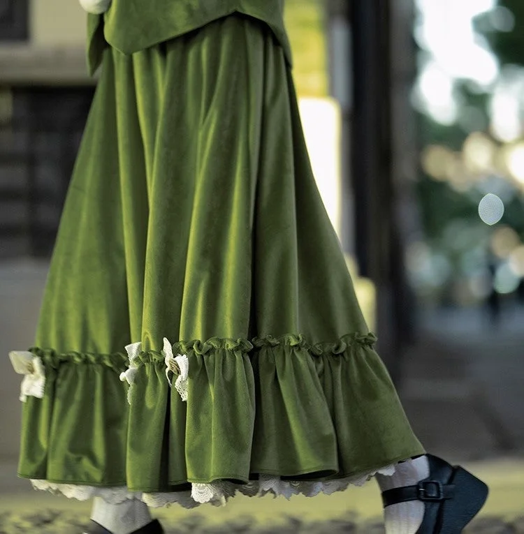 Retro Green Velvet Bow Tie Skirt relaxed fit skirt