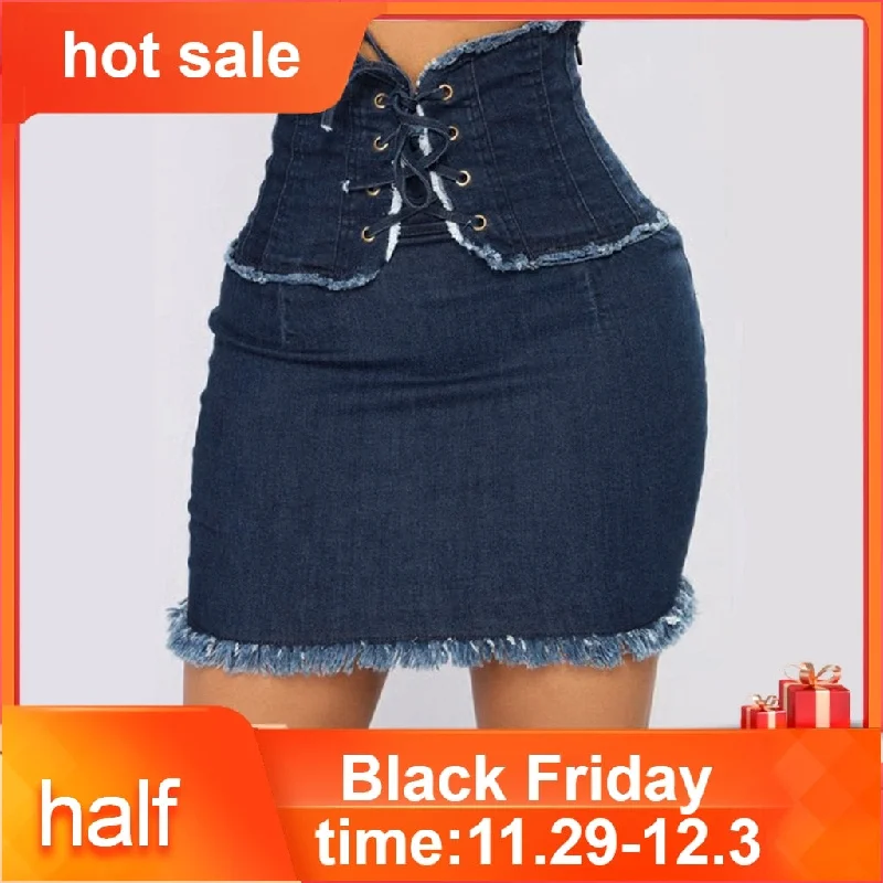 Sexy Female Skirts Women's Fashion High Waist Solid Casual Denim Bodycon Lace Up Short Jean Skirt Saia Xadrez breathable skirt fabric