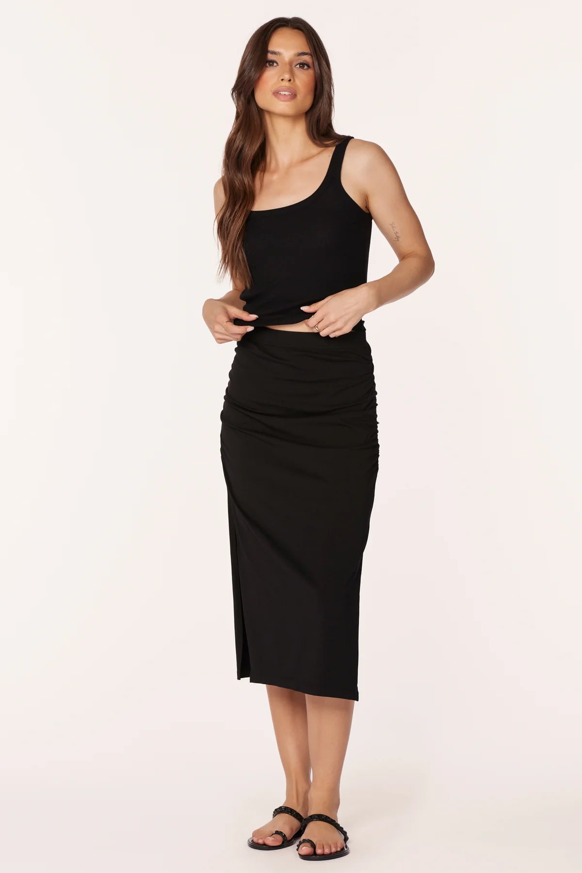 Shirred Midi Skirt with Slits mini skirt trendy