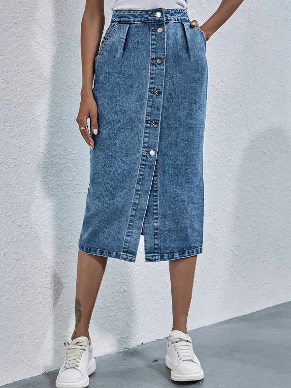BerriesJam - 2024 Single Breasted Knee Length Denim Skirt seamless skirt comfort