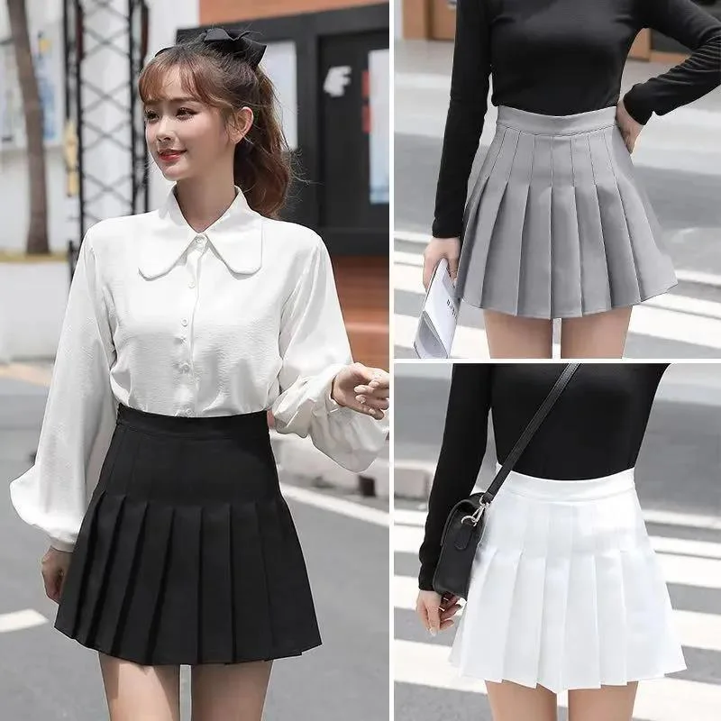 Spring and Summer Fresh Style High-waisted Ladies Anti-glare Pleated Skirt A-line Short Skirt Skirt All-match Solid Color Skirt cotton skirt soft