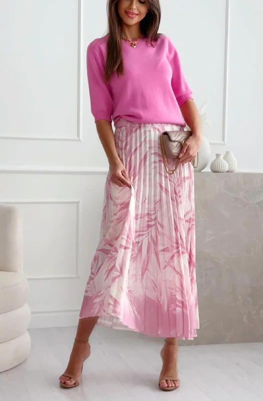 Tara Pleated Tropical Floral Midaxi Skirt-Pink chiffon skirt flowing