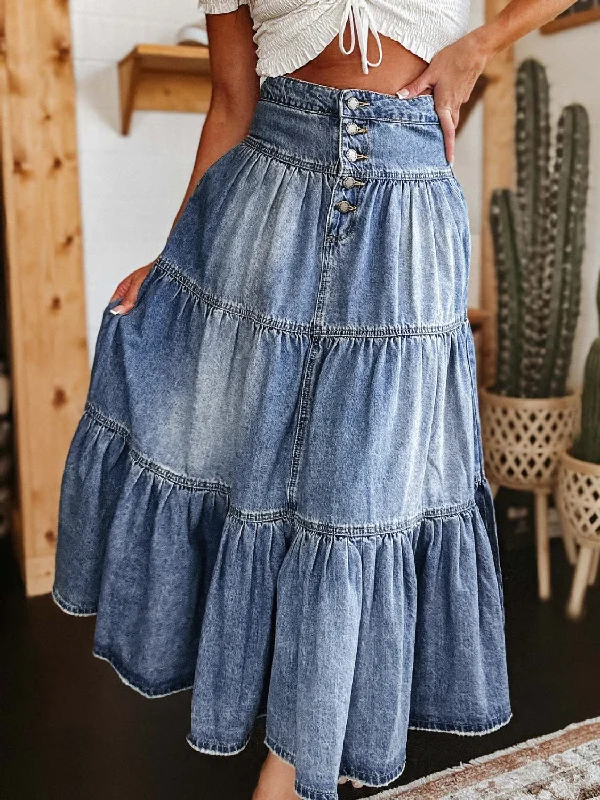Tiered Button-Fly Denim Skirt velvet skirt sumptuous