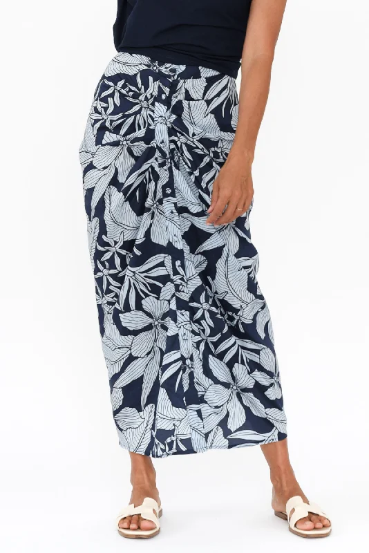 Treston Blue Tropical Cotton Gathered Skirt velvet skirt glossy
