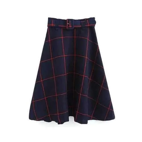 Stylish High-Waisted Plaid A-Line Women's Midi Skirt With Belt - Red S a-line skirt cut