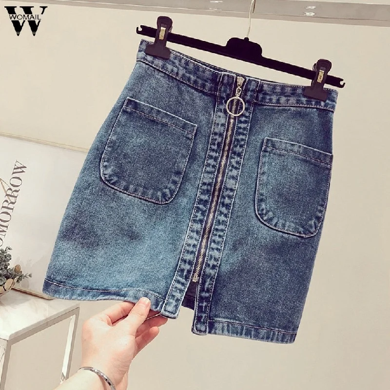 Womail Skirt Women Summer New Korean High Waist Zipper Pocket Student Short Denim Skirt Fashion high quality  2020  A1 linen skirt airy