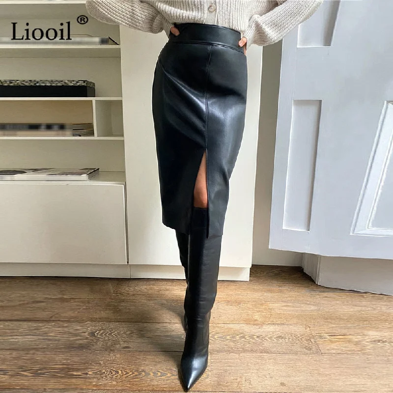 Women Faux Leather Slit Pencil Office Skirt High Waist Black Brown Sexy Bodycon Midi Skirts denim skirt stylish