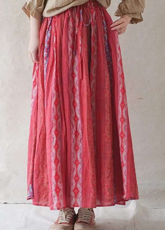 Women Red elastic waist pocket print Linen Beach Skirt Spring midi skirt versatile